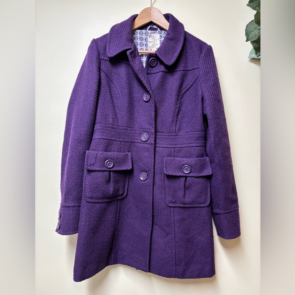 Anthropologie TULLE Purple Button Down Ladies Coat Jacket Peacoat - Large